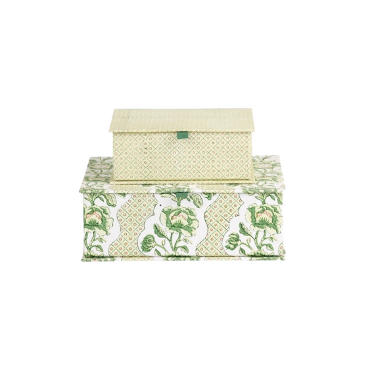 Block-Printed Keepsake Box Set - Blooming Trellis Green