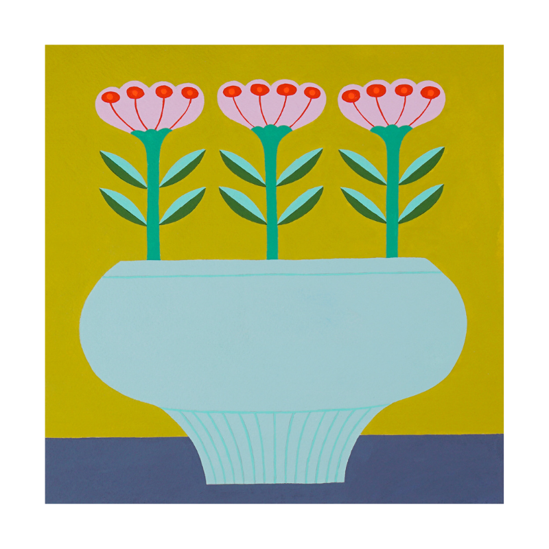 Still Life #30: Three Pink Flowers in Blue Vase