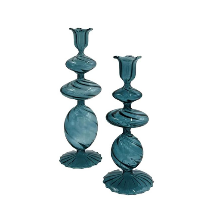 Swirl Glass Candlestick Set - Lagoon