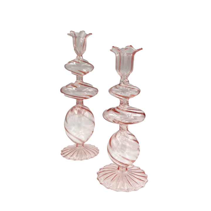 Swirl Glass Candlestick Set - Pink
