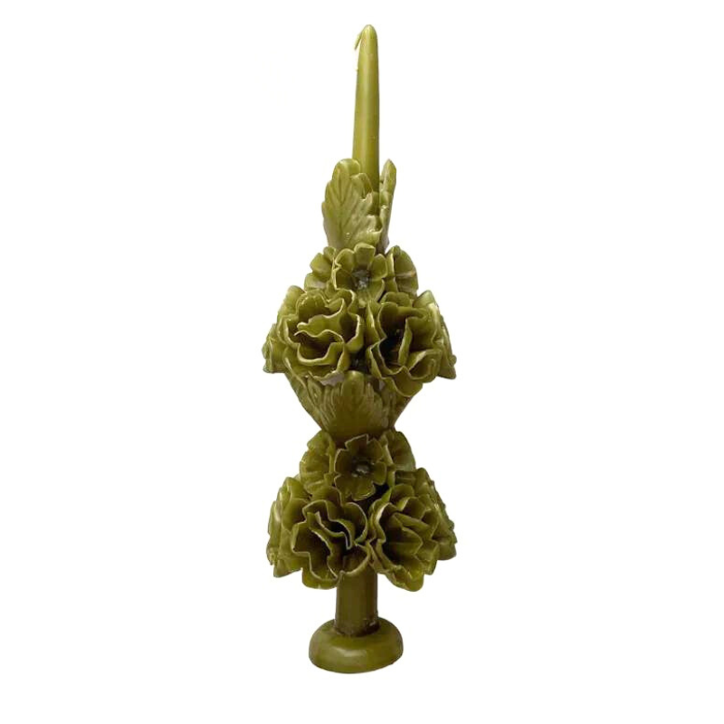 Large Carved Floral Candle - Olive