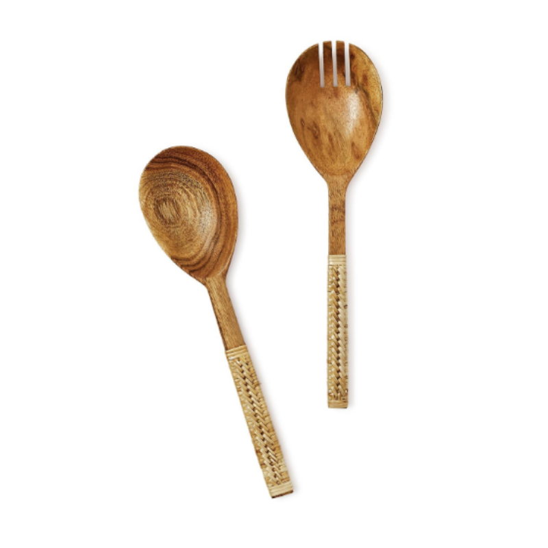 Wooden Serving Set w/ Rattan Handle