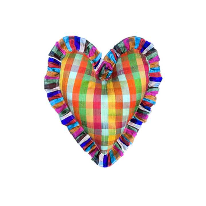 Small Heart Pillow Bright Rainbow Check