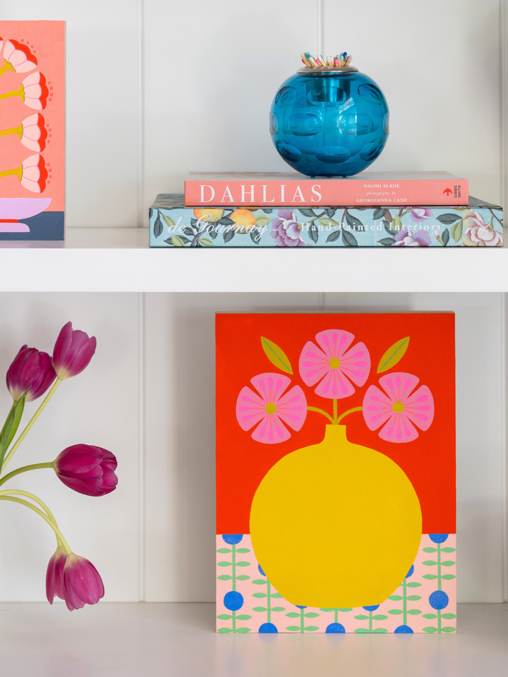 Still Life #35: Triple Pink Blooms in Yellow Vase