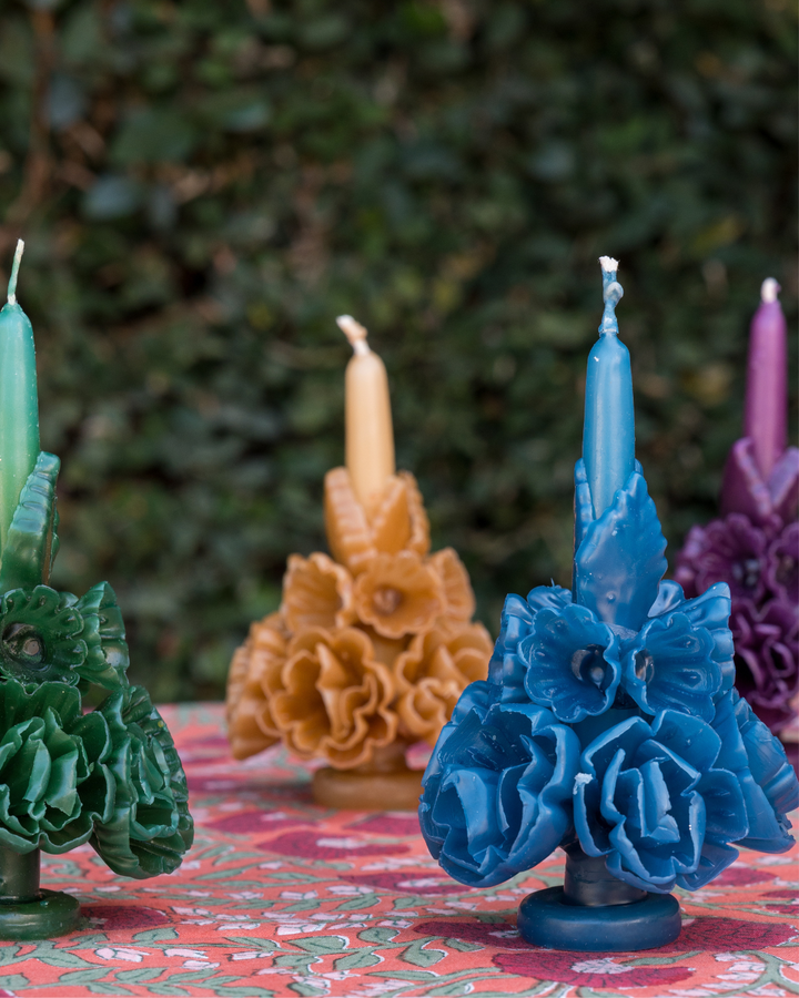 Carved Floral Candle - Blue