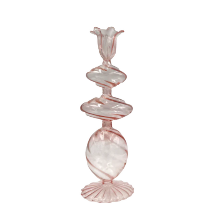 Swirl Glass Candlestick Set - Pink