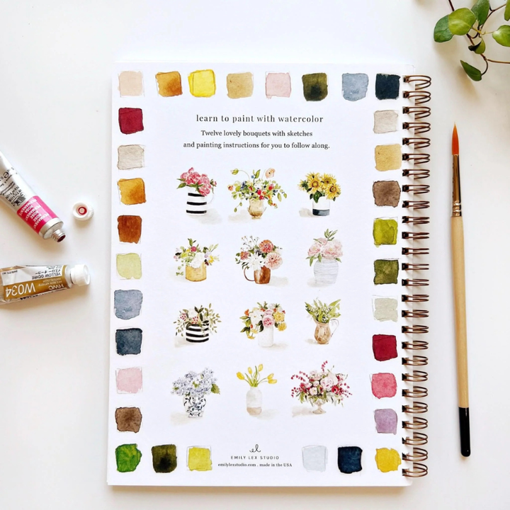 Bouquets Watercolor Workbook & Grabie All-in-One Premium Watercolor Set of 50