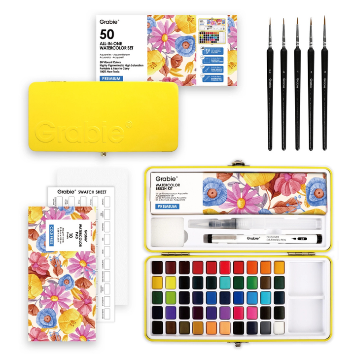 Flowers Watercolor Workbook & Grabie All-in-One Premium Watercolor Set of 50