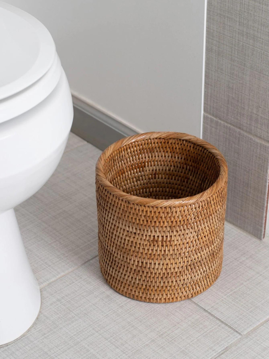 Petite Whitewash Rattan Wastebasket