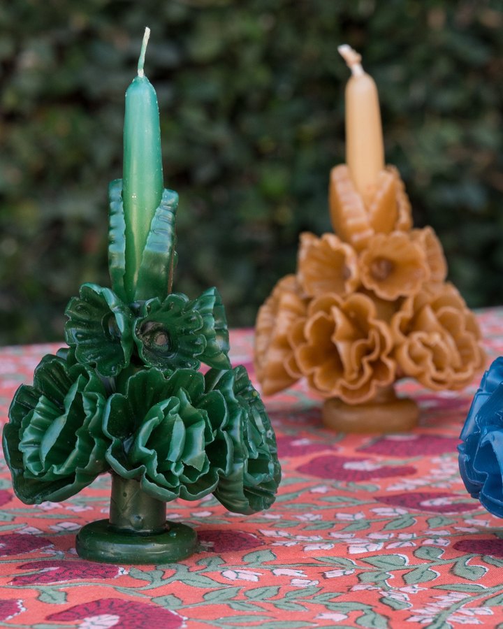 Carved Floral Candle - Green